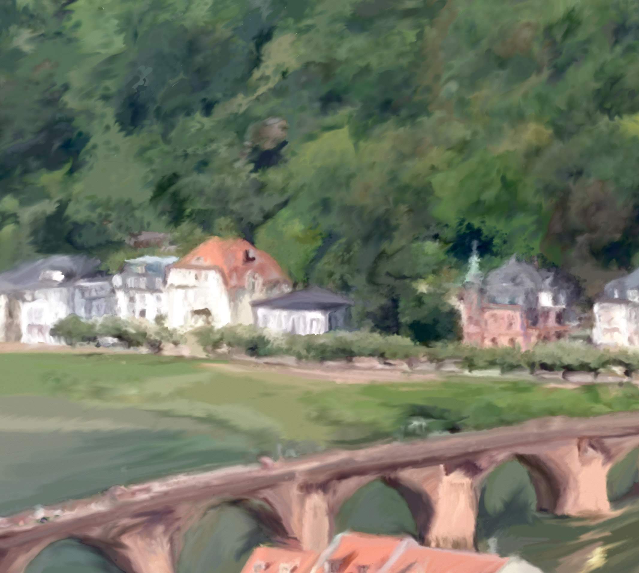Digital painting by Wesley feature a scenic nature view with farmhouses